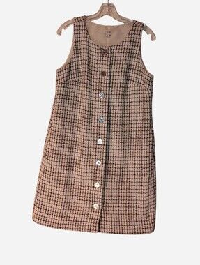 J.Crew Tweed Shift Dress Size 8 Sleeveless Button Front Plaid Cream Black